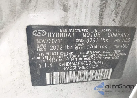 2012 Hyundai Elantra Gls (Ulsan Plant) from USA, damaged, VIN KMHDH4AE9CU378841